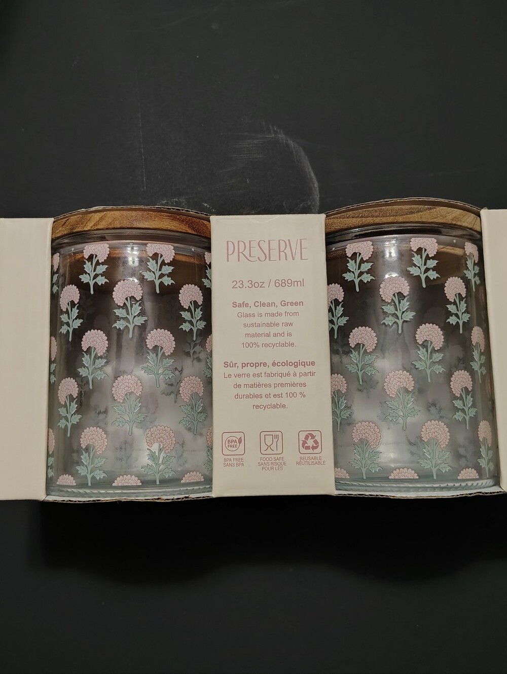 Preserve Floral Glass Jars with Wood Lids - Pink & Green